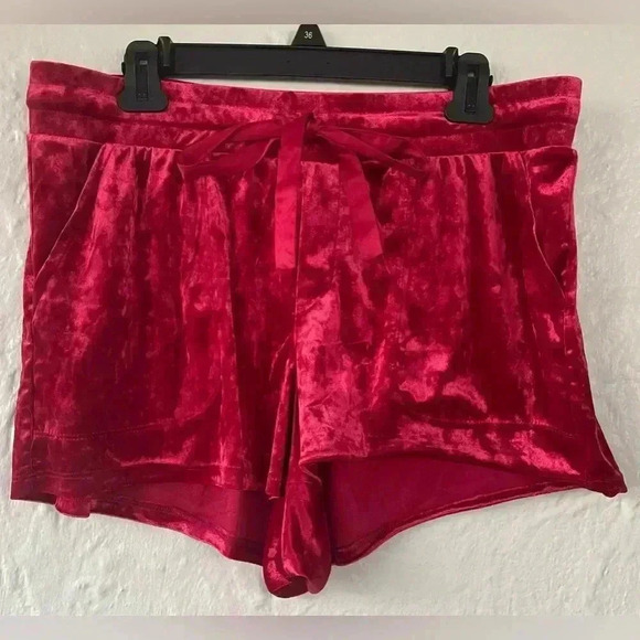 Torrid Crushed Velour Sleep Short in Jasper Red with Drawstring Waist,Pockets; 1 - Picture 2 of 7